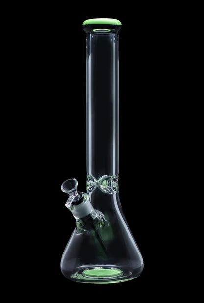 Green-accented glass bong against a black background.
