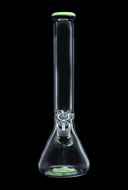 Clear glass water pipe (bong) with green accents, studio shot on black.