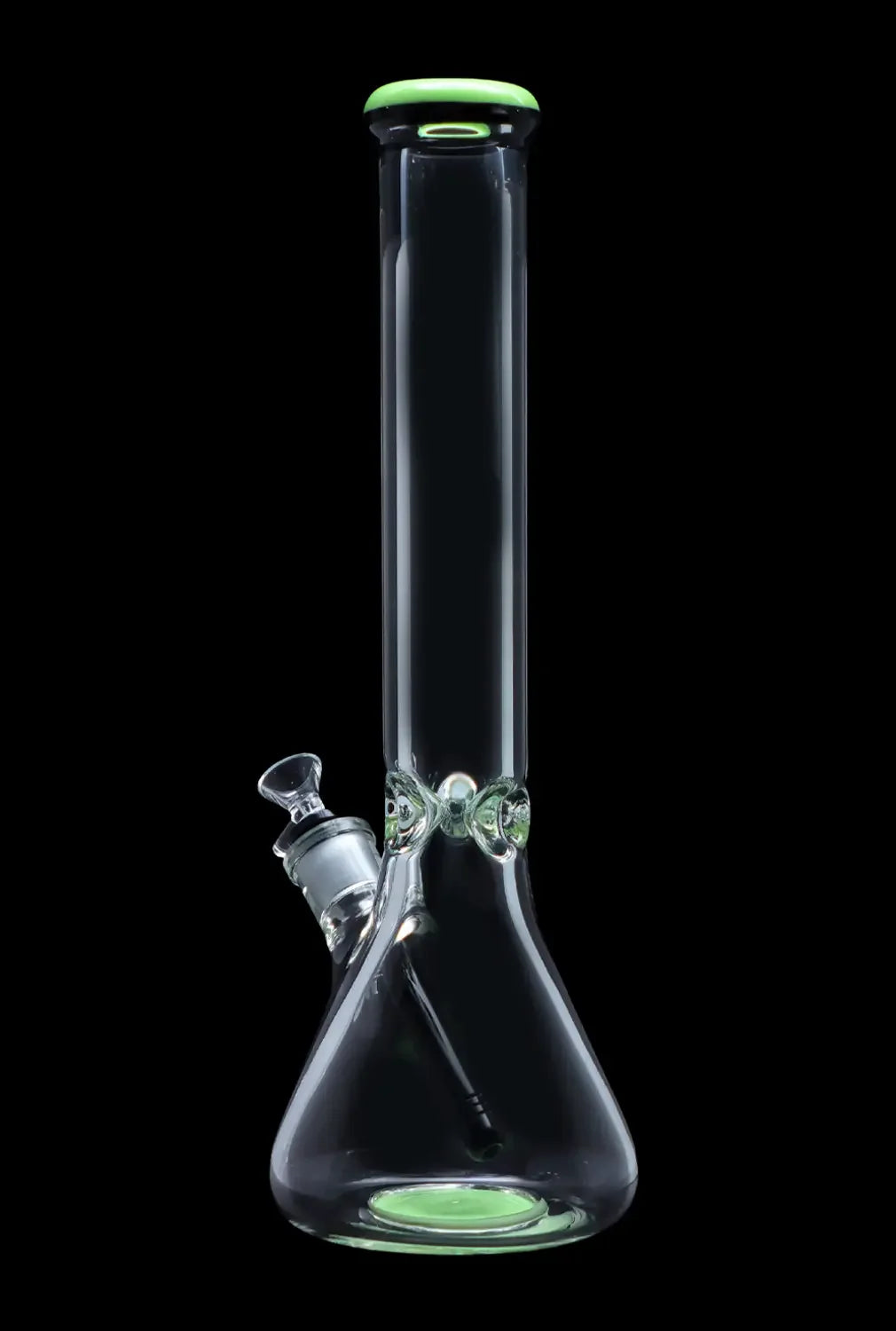 A tall, clear glass bong with green accents, isolated on a black background.