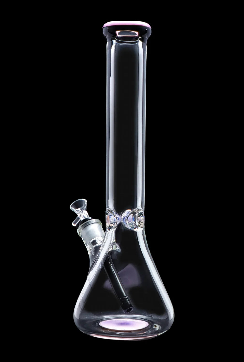 Clear glass bong with iridescent accents against a black background.