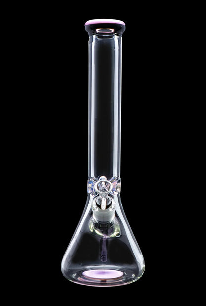 Clear glass bong with iridescent accents against a black background.