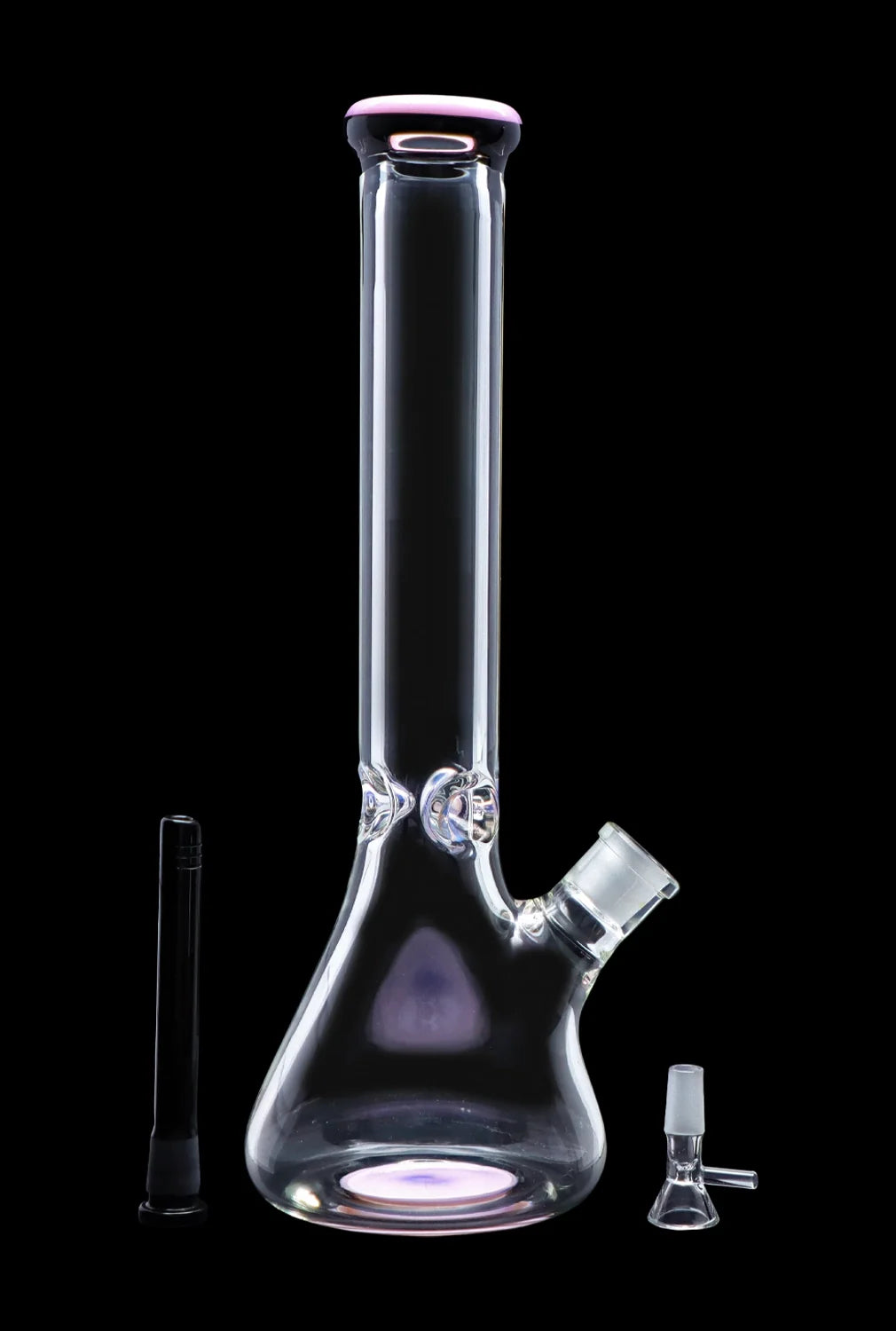 A glass bong with a flared base, accompanied by a downstem and a glass filter, isolated on a black background.