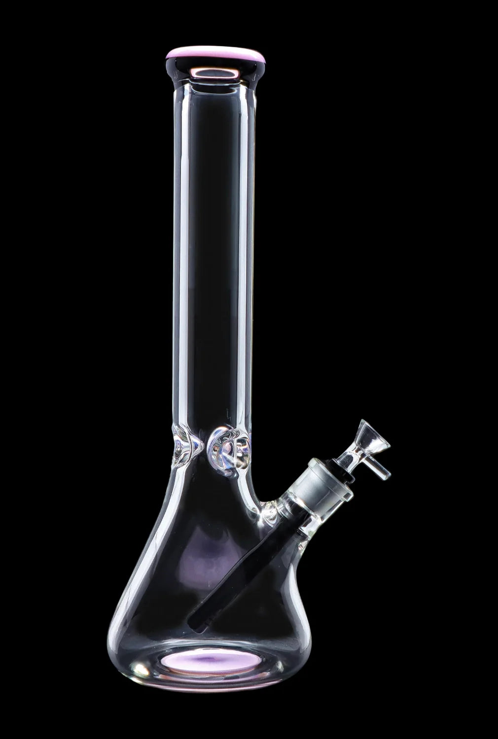 Clear glass water pipe (bong) with iridescent accents against a black background.