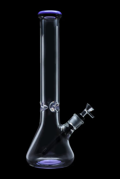 Clear glass bong with purple accents, studio shot.