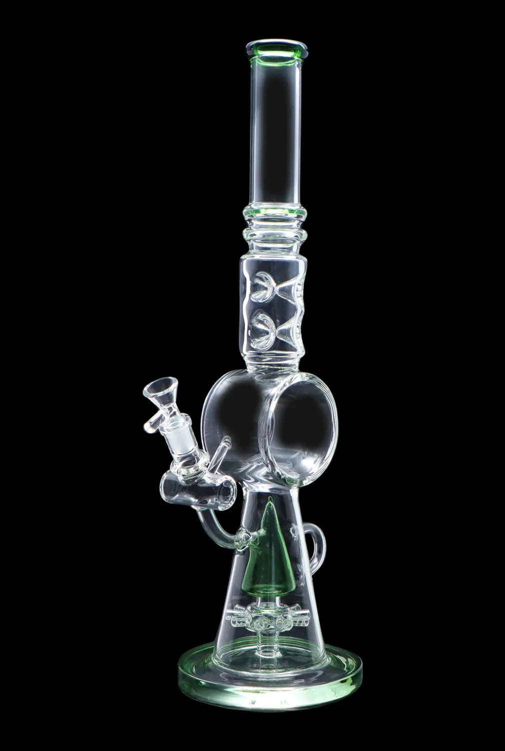 Front view of the 17-inch Smoke Cartel Extreme Ice water pipe, showcasing its clear glass construction and intricate sprinkler perc design.