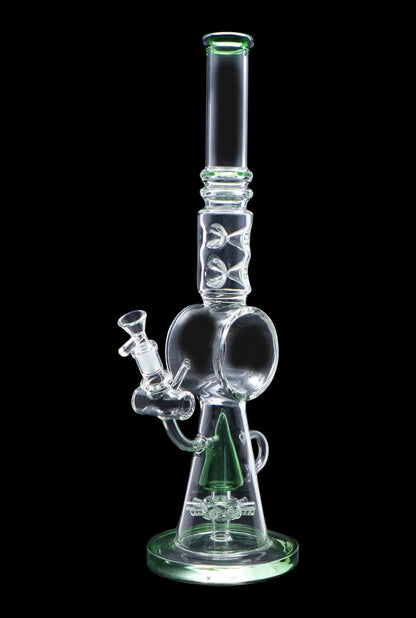 Front view of the 17-inch Smoke Cartel Extreme Ice water pipe, showcasing its clear glass construction and intricate sprinkler perc design.