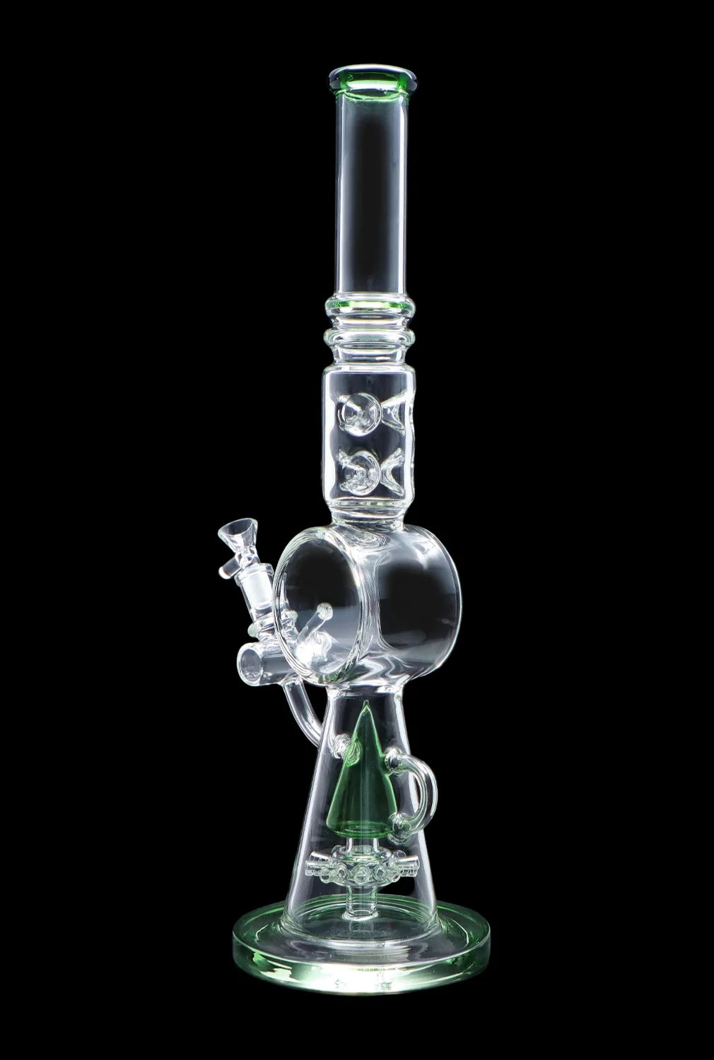 Clear glass water pipe (bong) with green accents, studio shot on black background.