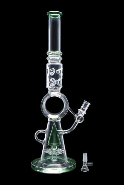 Green and clear glass water pipe (bong) with percolators and a separate glass bowl.