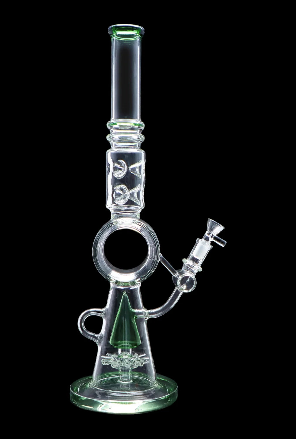 Green glass water pipe (bong) with intricate bubbler design.
