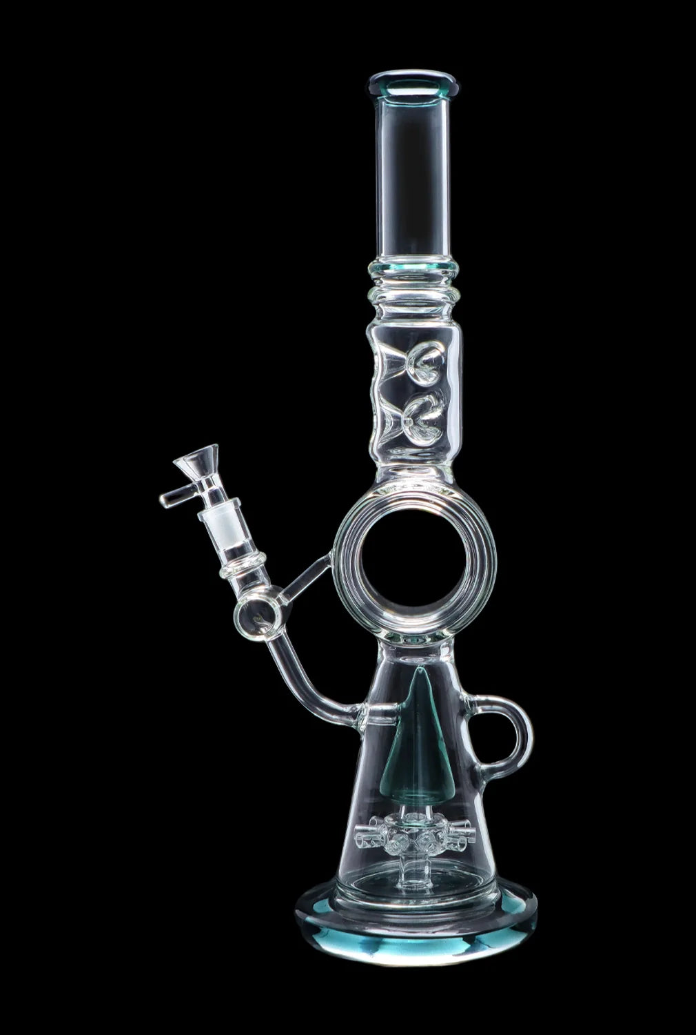 A clear glass water pipe (bong) with intricate designs and a blue tint, isolated on a black background.