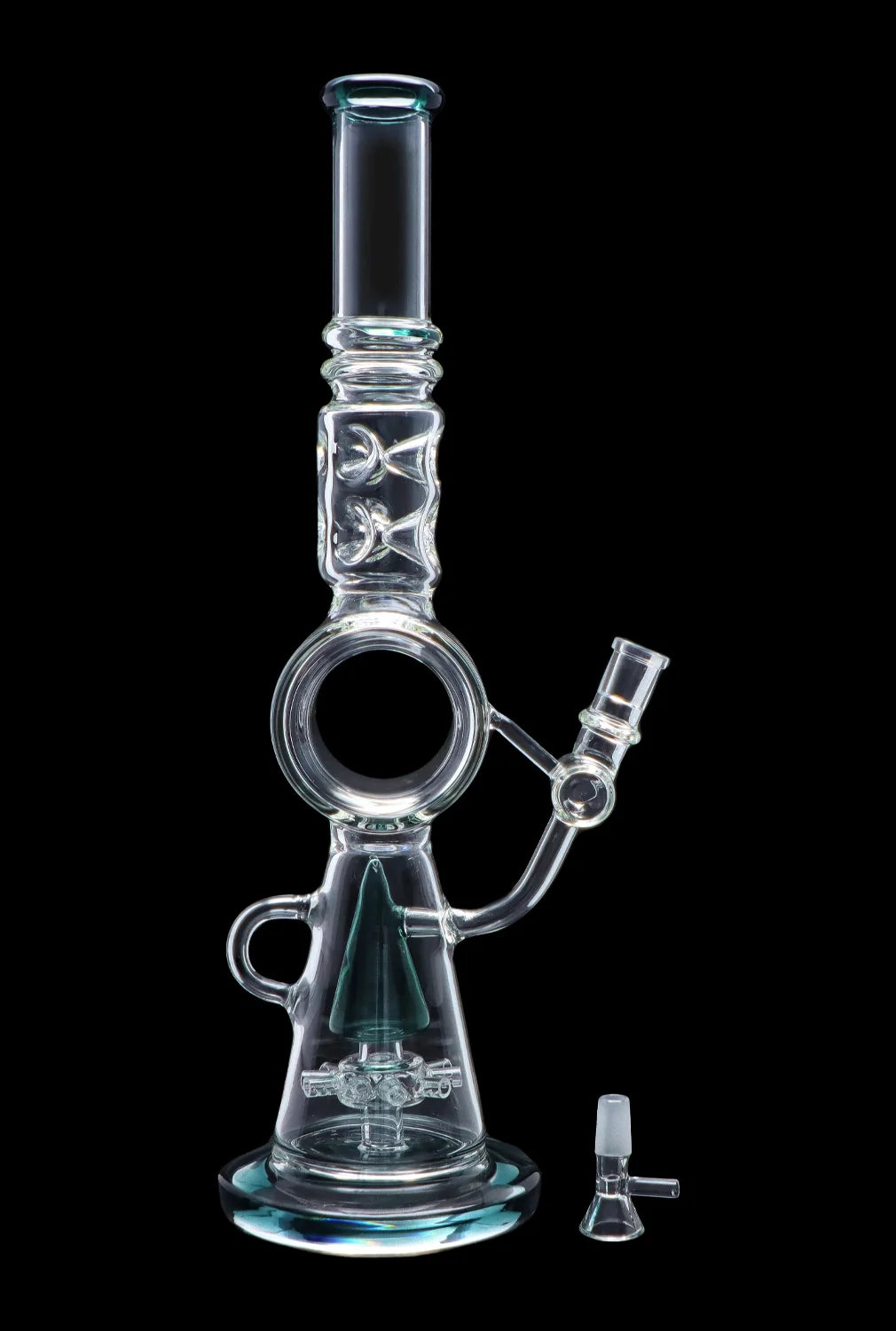 Clear glass water pipe (bong) with intricate percolators and a detachable downstem, displayed against a black background.