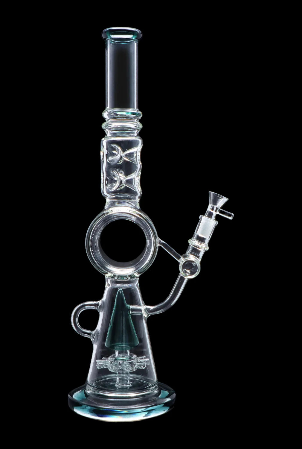 A studio shot of the 17-inch Smoke Cartel Extreme Ice water pipe, featuring a clear glass design and visible sprinkler perc.