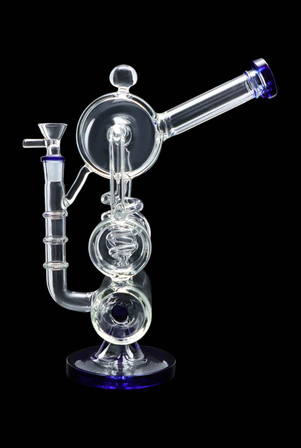 Clear glass water pipe (rig) with multiple chambers and blue accents, isolated on a black background.