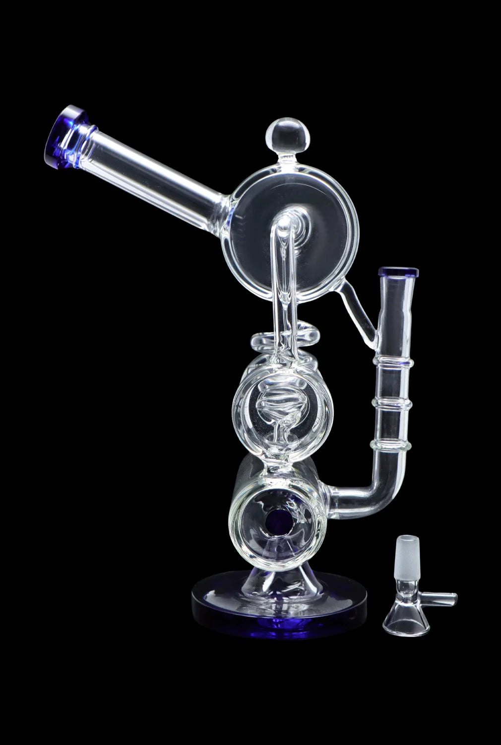 Clear glass water pipe (rig) with multiple chambers and a blue accent, displayed against a black background.