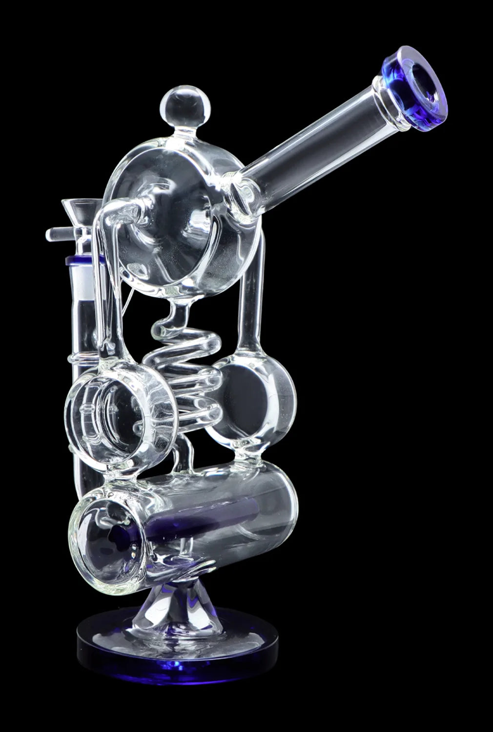 Clear glass water pipe (rig) with intricate bubbler design and blue accents, isolated on a black background.