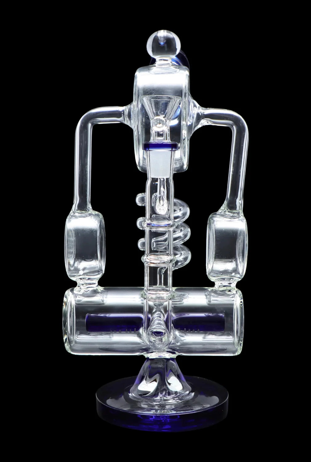 Clear glass water pipe with intricate bubblers and a circular base, isolated on a black background.