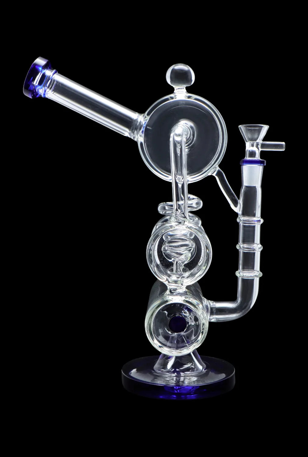 Clear glass water pipe (rig) with multiple chambers and a blue accent, isolated on black.