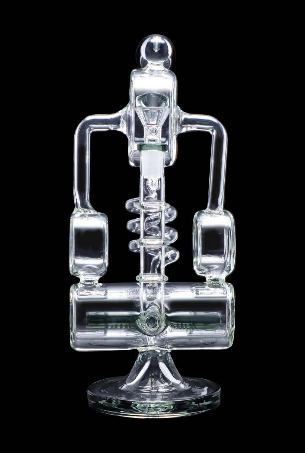 Clear glass rig with intricate bubbler design.