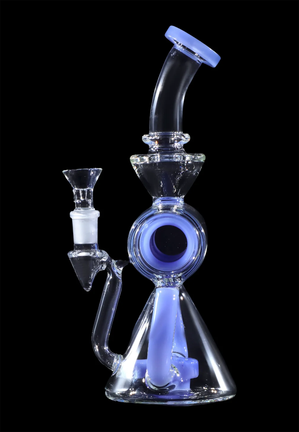 Blue glass water pipe (rig) with a glass bowl, isolated on a black background.