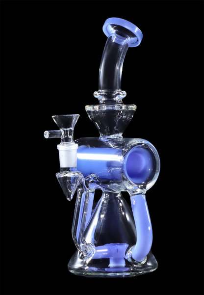 Blue glass water pipe (rig) with multiple chambers and a glass bowl.