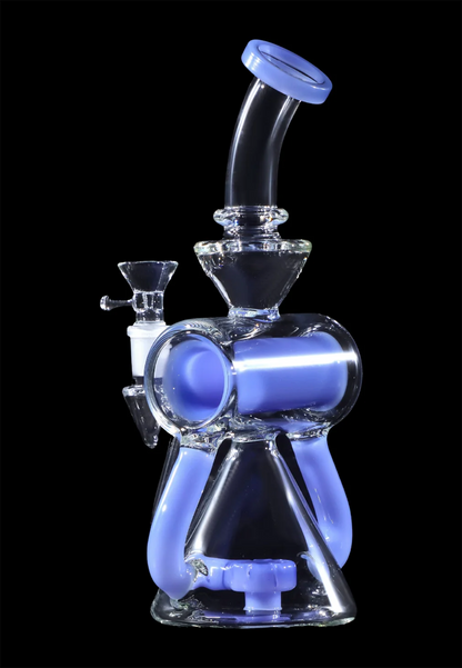 Blue glass water pipe (bong) with intricate bubbler design.