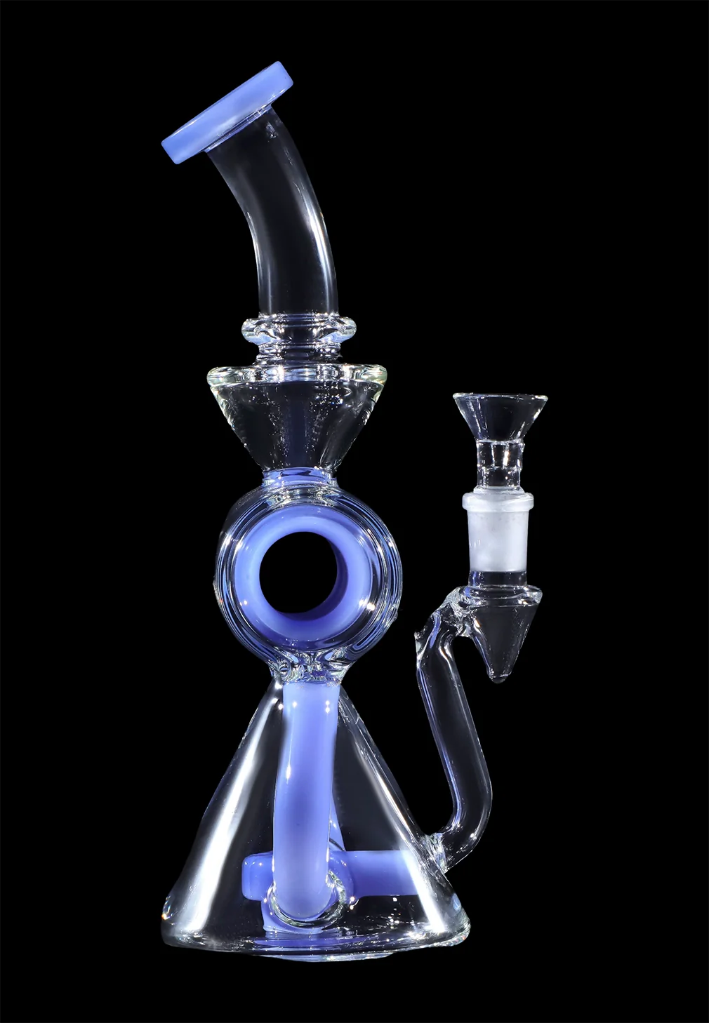 Blue glass rig with a bowl, isolated on a black background.