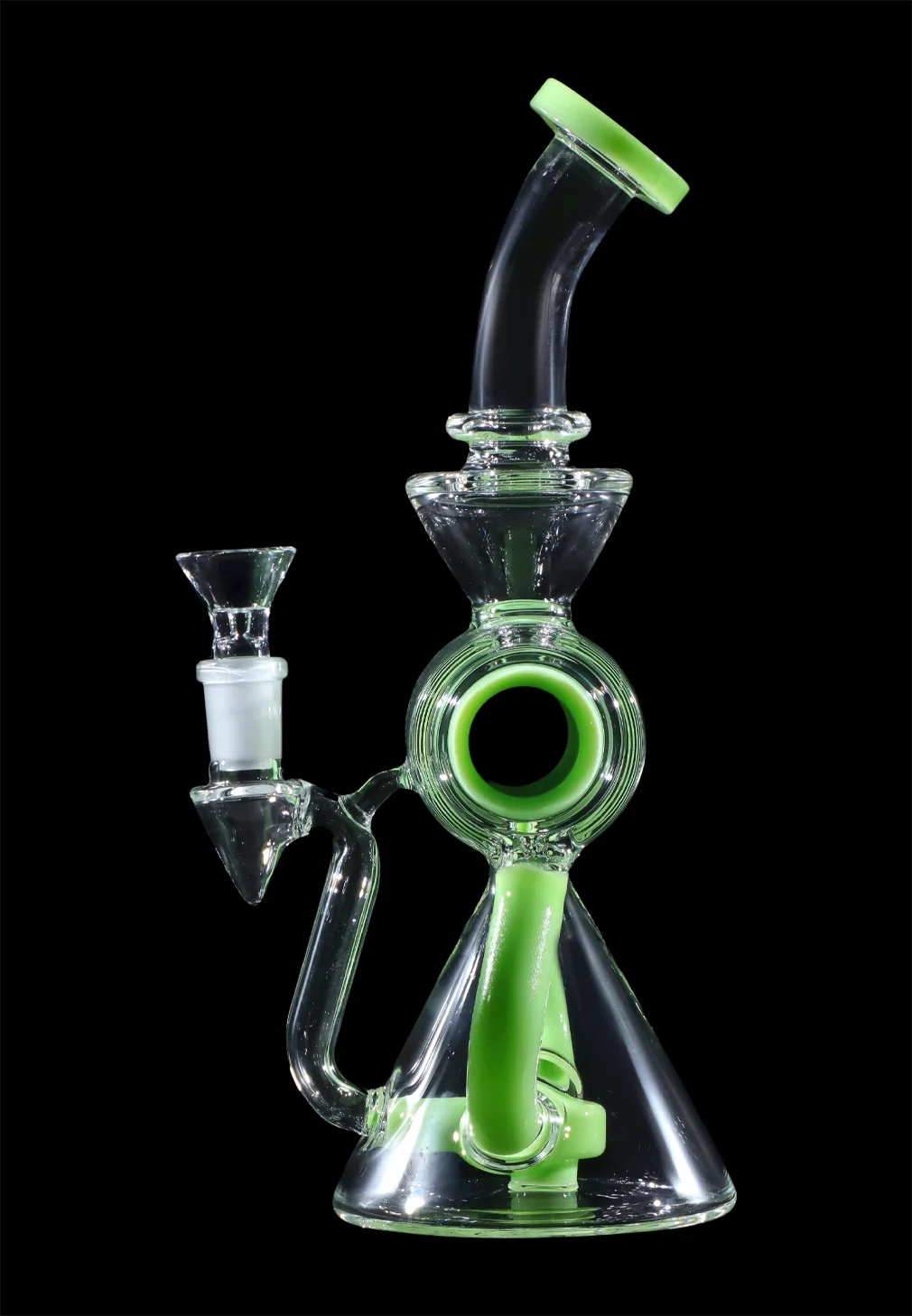 Green glass water pipe (rig) with a clear glass bowl, isolated on black.