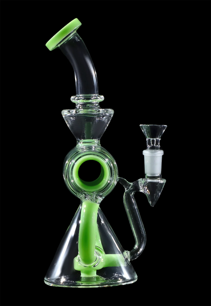 Green glass water pipe (rig) with a clear glass bowl, isolated on a black background.