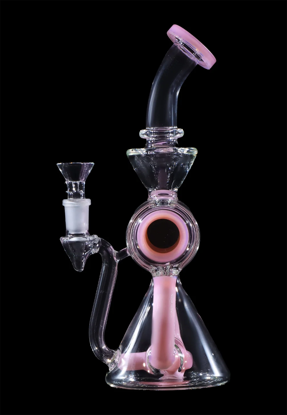 Pink and clear glass water pipe (rig) with intricate bubbler design, isolated on a black background.