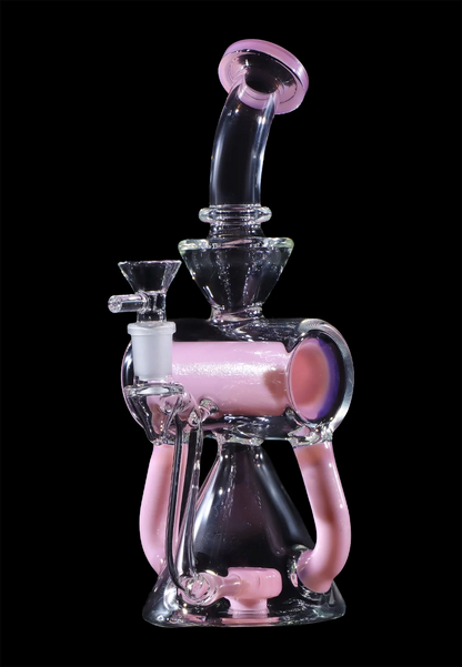 Pink glass water pipe (rig) with intricate bubblers and a glass bowl, isolated on a black background.