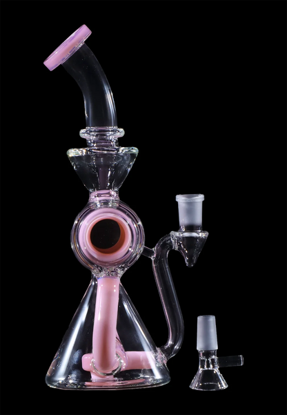 Pink glass water pipe (rig) with a perc and separate bowl piece, isolated on a black background.
