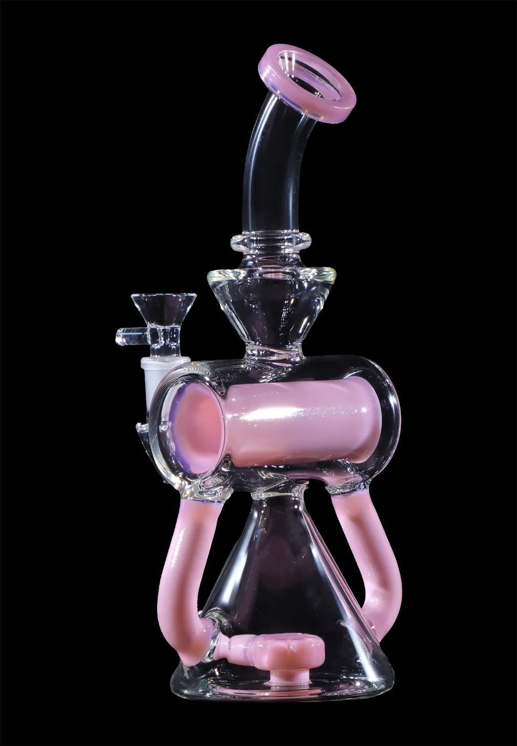 Pink glass water pipe (rig) with intricate bubbler design against a black background.