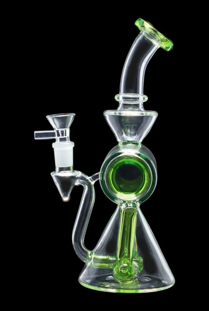 A green and clear glass water pipe (rig) with a complex perc filtration system.
