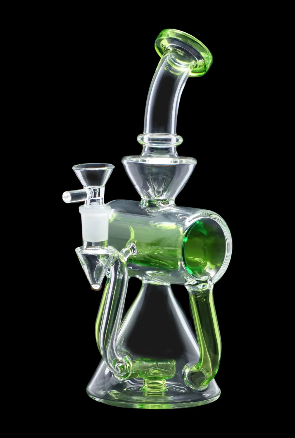 Green glass water pipe (rig) with multiple chambers and a clear glass bowl.