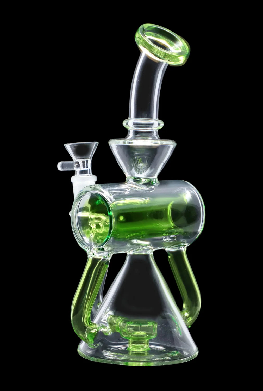 Green glass cannabis rig with intricate bubbler design.