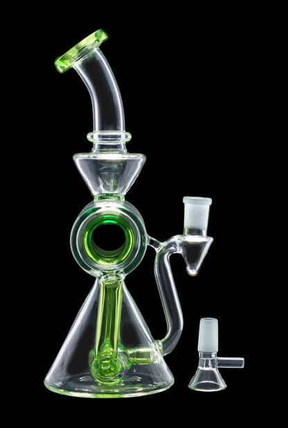 Green glass water pipe (rig) and accompanying bowl piece against a black background.