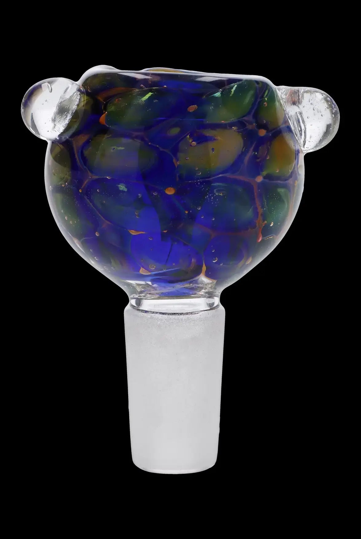 Colorful glass smoking bowl with a speckled blue and green design.
