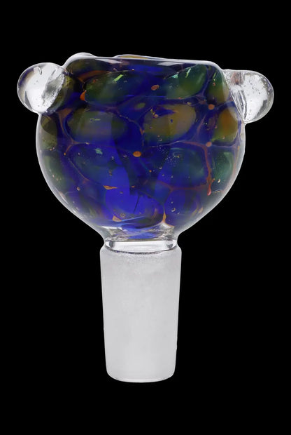 Colorful glass smoking bowl with a speckled blue and green design.