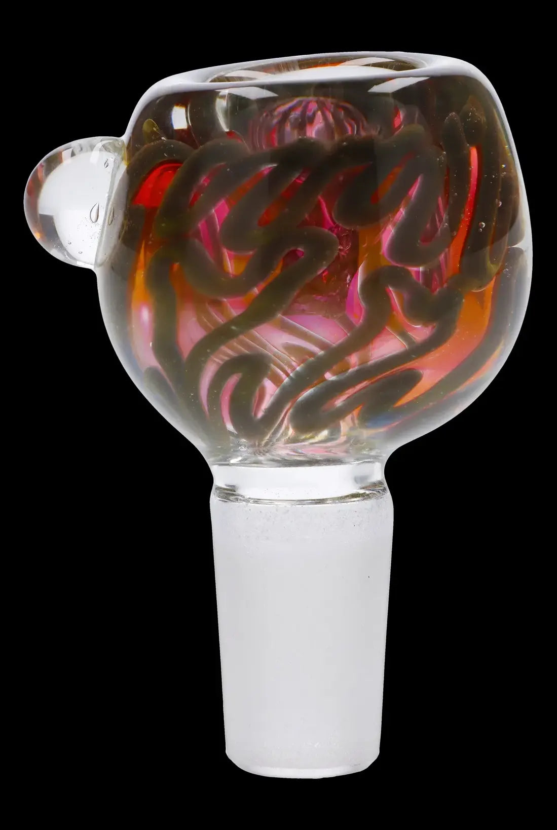 Hand-blown glass cannabis bowl with red and purple swirls.