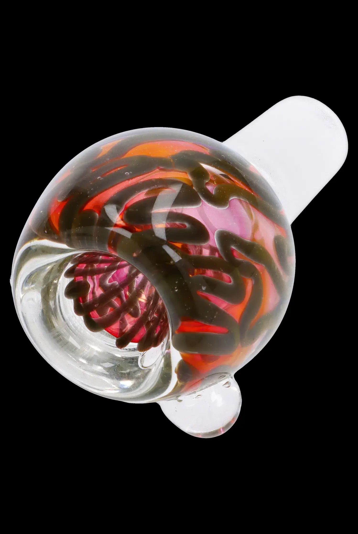 Hand-blown glass cannabis oil rig dome with intricate red and pink swirls.