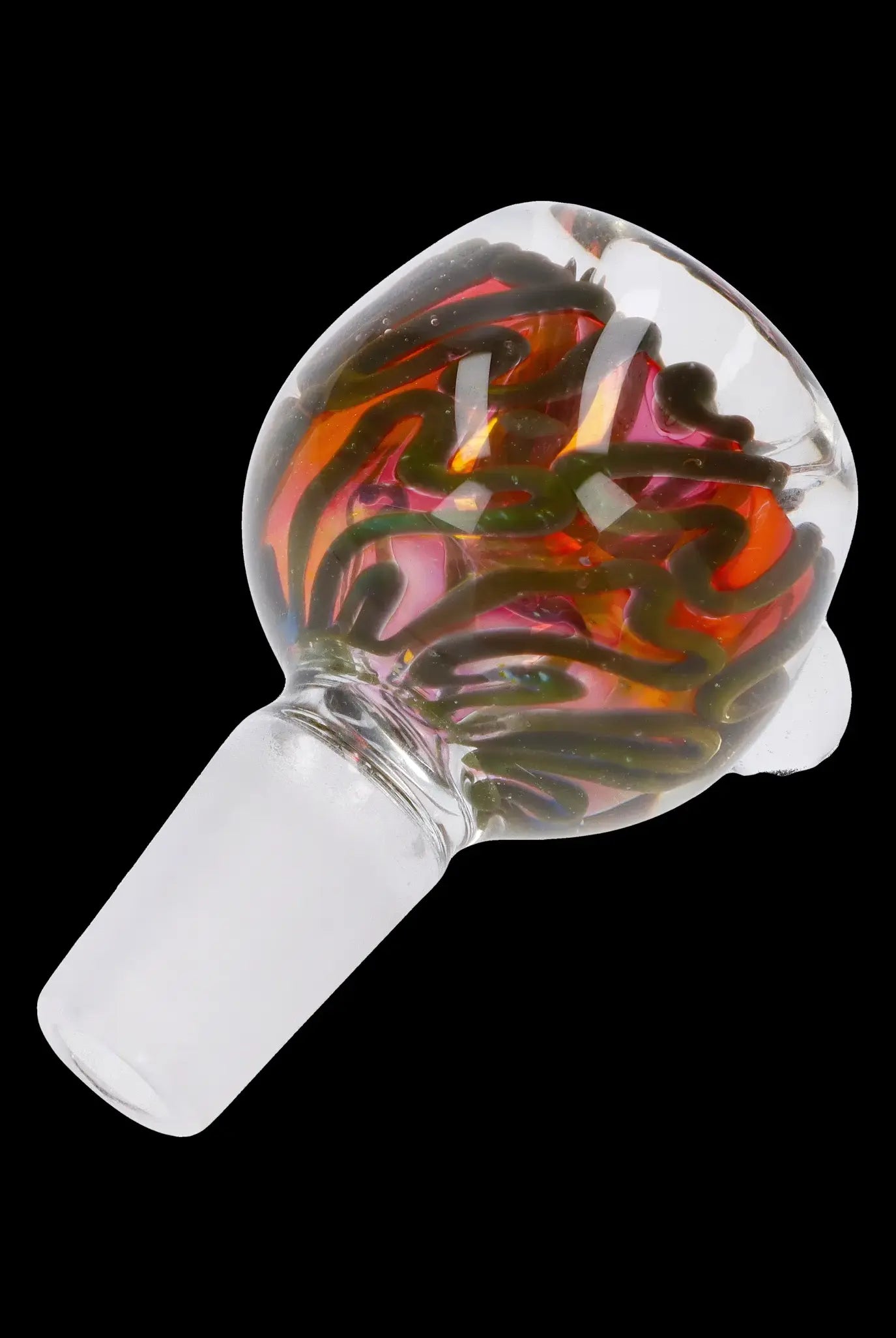 Hand-blown glass cannabis bowl with red and black swirls.