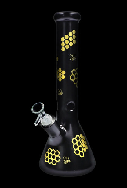 Black glass bong with gold honeycomb and bee designs.