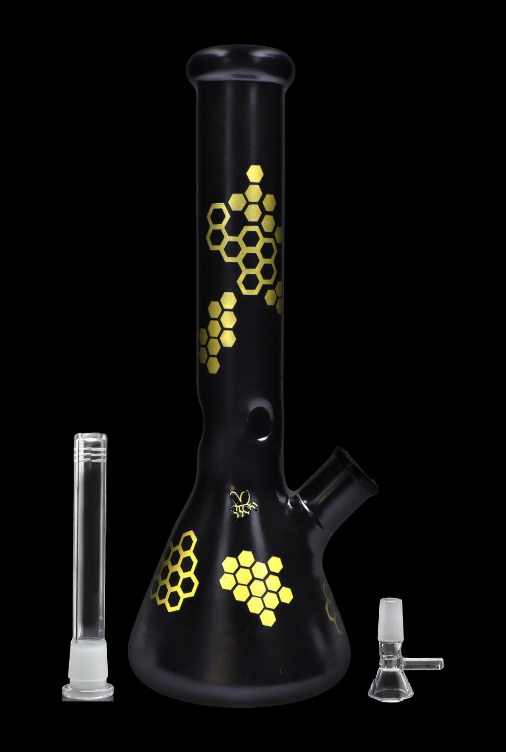 Black glass bong with gold honeycomb pattern, accompanied by a downstem and bowl.