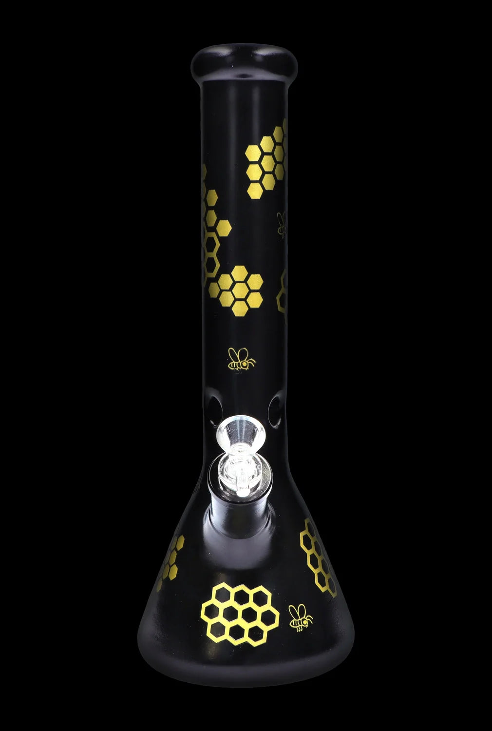 Black glass bong with gold honeycomb and bee designs.