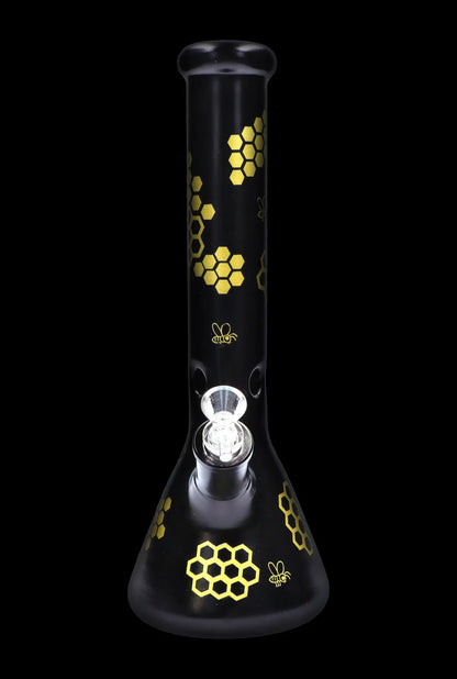 Black glass bong with gold honeycomb and bee designs.
