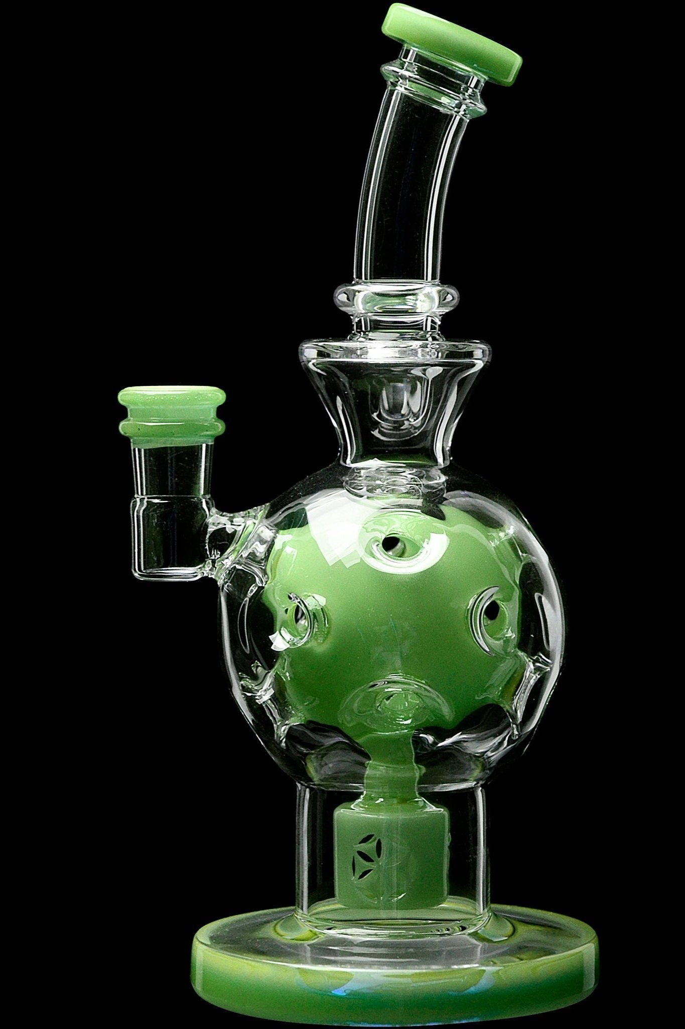 Green glass water pipe (bong) with bubble-shaped chamber.