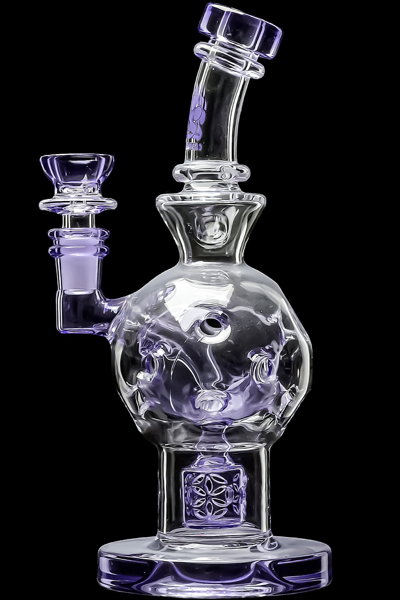 Clear glass water pipe (bong) with purple accents and intricate bubble design.