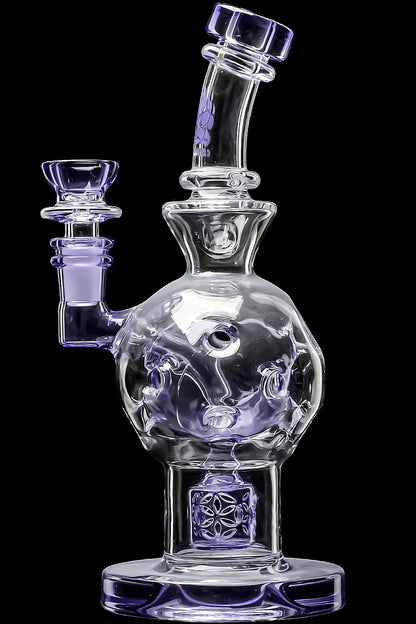 Clear glass water pipe (bong) with purple accents and intricate bubble design.