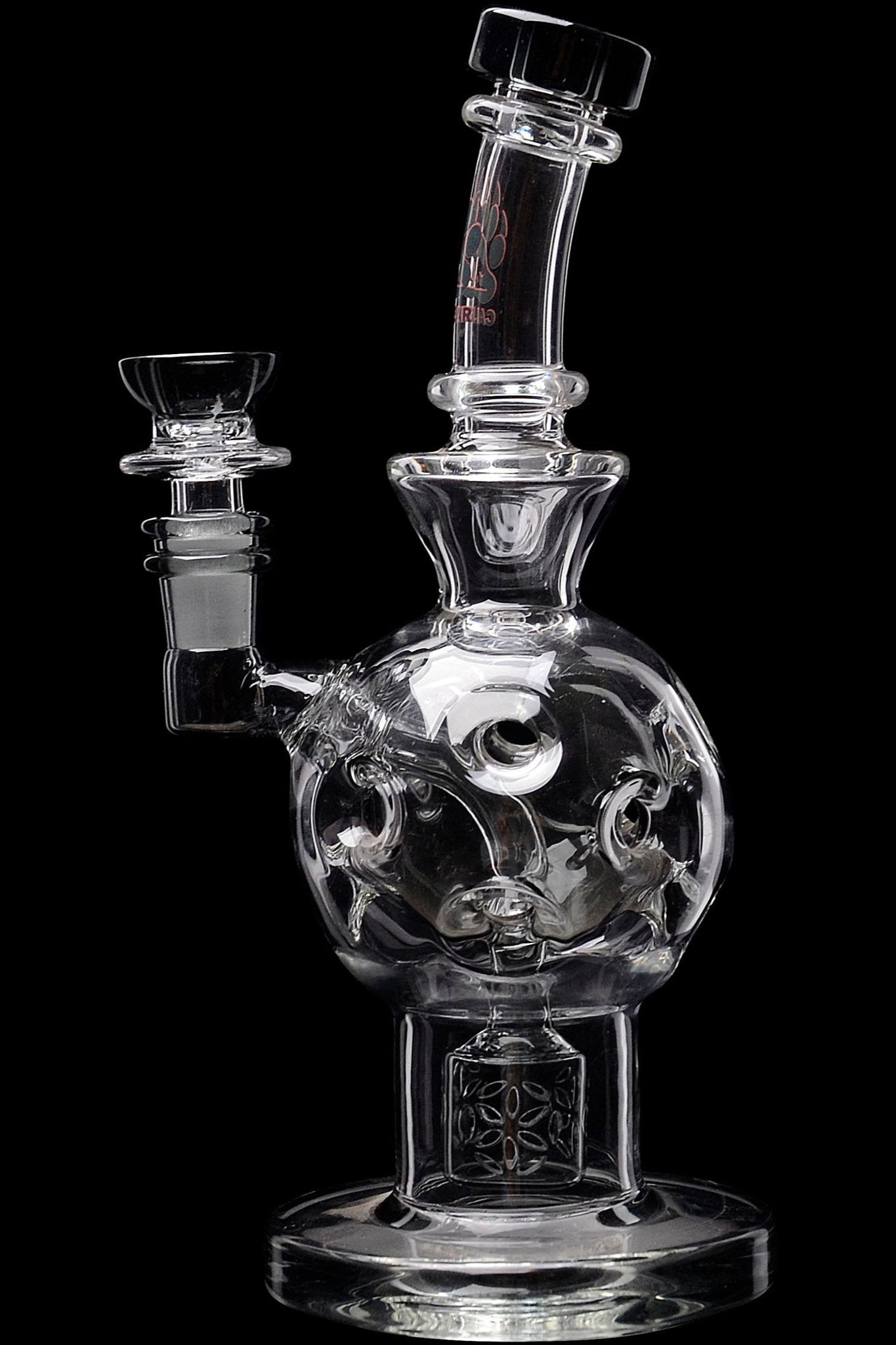 Clear glass water pipe (rig) with intricate bubble design, isolated on black.