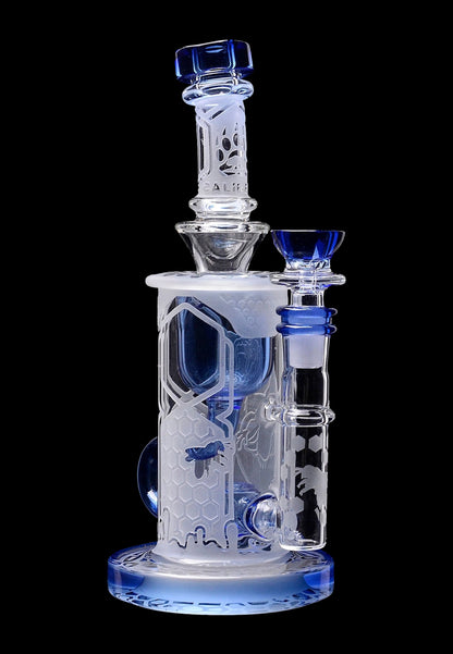 Intricate blue and frosted glass water pipe (bong) with multiple chambers and bubblers, isolated on a black background.